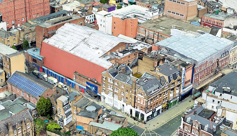 A Google Earth Image of the former Gaumont Palace Theatre, Camden showing the small entrance on Parkway and its massive Auditorium and Stage House behind.